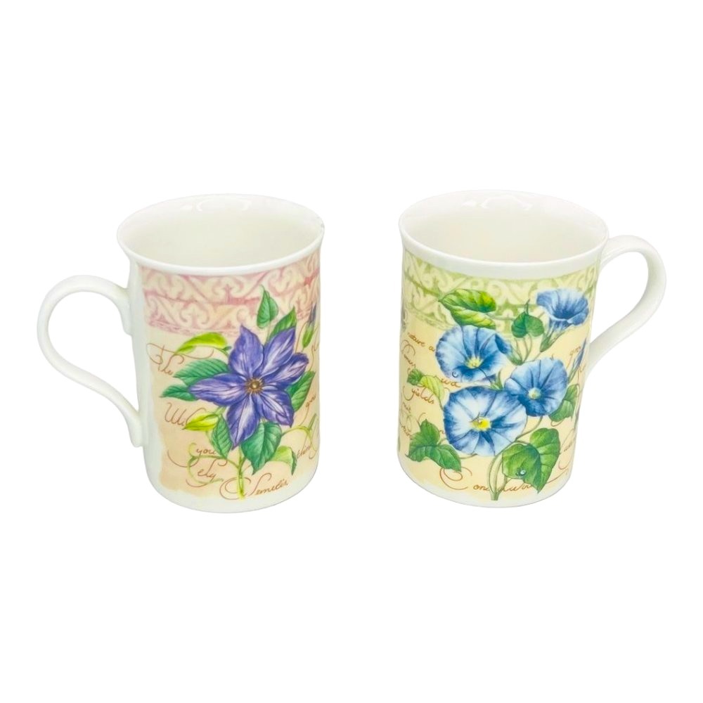 English Vintage Crown Trent Fine Bone China Coffee Mugs Set of 2 Floral Design